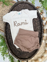 Load image into Gallery viewer, Personalized Baby Boy Outfit | Oatmeal Bodysuit Chocolate Brown Baby Name
