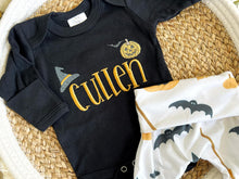 Load image into Gallery viewer, Personalized Baby Boy Outfit | Black Bodysuit Pumpkins Custom Name - Halloween
