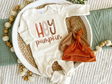 Load image into Gallery viewer, Fall Baby Outfit | Oatmeal Brown Romper Hey Pumpkin
