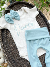 Load image into Gallery viewer, Personalized Baby Girl Outfit | Oatmeal Beige Bodysuit Blue Baby Name
