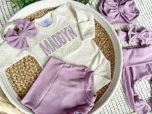 Load image into Gallery viewer, Personalized Baby Girl Outfit | Oatmeal Beige Bodysuit Soft Purple Beige Baby Name
