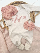 Load image into Gallery viewer, Personalized Baby Girl Outfit | Oatmeal Beige Romper Pink Chunky Chain Stitch Baby Name - Rylyn
