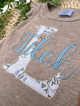 Load image into Gallery viewer, Personalized Baby Girl Outfit | Mocha Brown Flutter Sleeve Ruffle Romper Floral White Blue Baby Name
