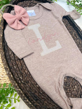 Load image into Gallery viewer, Personalized Baby Girl Outfit | Mocha Brown Romper Beige Stripe Letter Pink Baby Name
