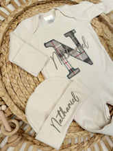 Load image into Gallery viewer, Personalized Baby Boy Newborn Outfit | Natural Oatmeal Romper Plaid Baby Name
