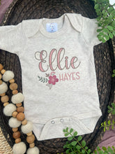 Load image into Gallery viewer, Personalized Baby Girl Outfit | Oatmeal Bodysuit Floral Skirt Pink Baby Name
