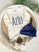 Load image into Gallery viewer, Personalized Baby Boy Outfit | Oatmeal Beige Romper Navy Blue Baby Name
