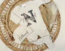 Load image into Gallery viewer, Personalized Baby Boy Newborn Outfit | Natural Oatmeal Romper Plaid Baby Name
