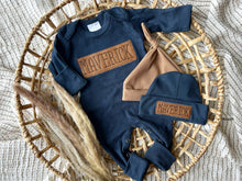 Load image into Gallery viewer, Personalized Baby Boy Outfit | Navy Romper - Leather Patch Style Baby Name
