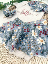 Load image into Gallery viewer, Personalized Baby Girl Outfit | Oatmeal Bodysuit Floral Gray Skirt Baby Name
