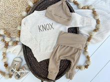 Load image into Gallery viewer, Personalized Baby Name Sweatshirt Set | Oatmeal Pullover Taupe Pants - Knox
