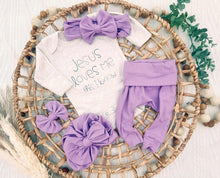 Load image into Gallery viewer, Baby Girl Outfit | Oatmeal Bodysuit Jesus Love Me - Purple
