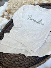 Load image into Gallery viewer, Personalized Baby Name Sweatshirt Set | Oatmeal Pullover Sage Green - Brooks
