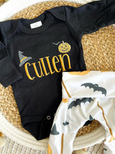 Load image into Gallery viewer, Personalized Baby Boy Outfit | Black Bodysuit Pumpkins Custom Name - Halloween
