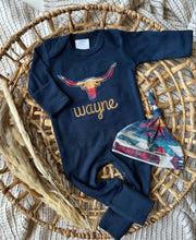 Load image into Gallery viewer, Personalized Baby Boy Outfit | Navy Romper - Western Longhorn Roping Baby Name

