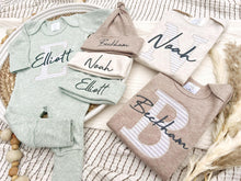Load image into Gallery viewer, Personalized Baby Boy Outfit | Oatmeal, Sage, Mocha Romper Beige Stripe Initial Baby Name
