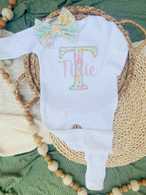 Load image into Gallery viewer, Personalized Baby Girl Outfit | White Romper Tiny Floral Letter Pink Pastel Baby Name
