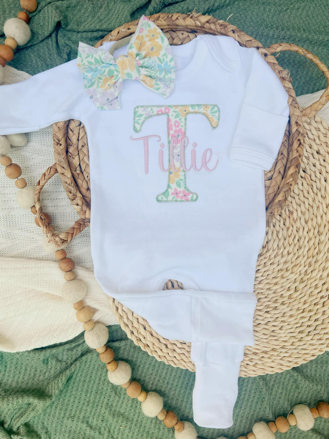Personalized Baby Girl Outfit | White Romper Tiny Floral Letter Pink Pastel Baby Name