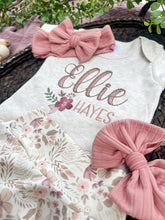 Load image into Gallery viewer, Personalized Baby Girl Outfit | Oatmeal Bodysuit Floral Skirt Pink Baby Name
