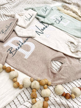Load image into Gallery viewer, Personalized Baby Boy Outfit | Oatmeal, Sage, Mocha Romper Beige Stripe Initial Baby Name
