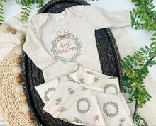 Load image into Gallery viewer, Baby&#39;s First Christmas Girl Outfit | Oatmeal Bodysuit Christmas Wreath Skirt
