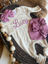 Load image into Gallery viewer, Personalized Baby Girl Outfit | Oatmeal Beige Romper Ellison Purple Chunky Chain Stitch Baby Name - Lucy
