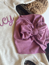 Load image into Gallery viewer, Personalized Baby Girl Outfit | Oatmeal Beige Romper Ellison Purple Chunky Chain Stitch Baby Name - Lucy
