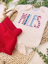 Load image into Gallery viewer, Personalized Baby Boy Outfit | Oatmeal Beige Bodysuit Red White and Blue Custom Baby Name

