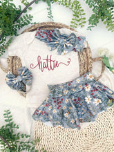 Load image into Gallery viewer, Personalized Baby Girl Outfit | Oatmeal Bodysuit Floral Gray Skirt Baby Name
