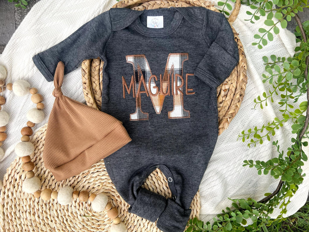 Personalized Baby Boy Name Outfit | Charcoal Gray Romper Tan Gray Plaid Initial