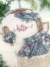 Load image into Gallery viewer, Personalized Baby Girl Outfit | Oatmeal Bodysuit Floral Gray Skirt Baby Name
