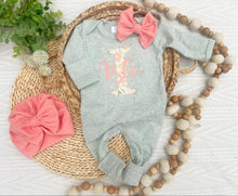 Load image into Gallery viewer, Personalized Baby Girl Outfit | Sage Green Romper Floral Letter Pink Baby Name
