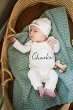 Load image into Gallery viewer, Personalized Baby Boy Outfit | Natural Cotton Romper Beige Stripe Initial Baby Name
