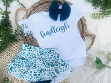 Load image into Gallery viewer, Personalized Baby Girl Outfit | White Bodysuit Blue Floral Skirt Baby Name- Hadleigh
