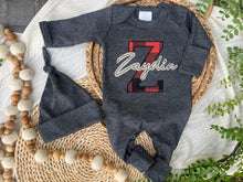 Load image into Gallery viewer, Personalized Baby Boy Name Outfit | Charcoal Gray Romper Red Buffalo Plaid Initial Tan Felt Name

