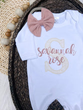 Load image into Gallery viewer, Personalized Baby Girl Outfit | White Romper Ivory Lace Letter Pink Baby Name
