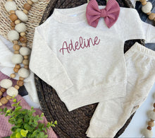 Load image into Gallery viewer, Personalized Baby Name Sweatshirt Set | Oatmeal Pullover Pink - Adeline
