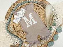 Load image into Gallery viewer, Personalized Baby Girl Outfit | Mocha Brown Flutter Sleeve Ruffle Romper Floral White Baby Name
