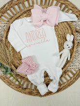 Load image into Gallery viewer, Personalized Baby Girl Outfit | White Cotton Romper Pink Baby Name
