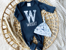 Load image into Gallery viewer, Personalized Baby Boy Outfit | Navy Romper- Airplane Jets Blue Initial Baby Name
