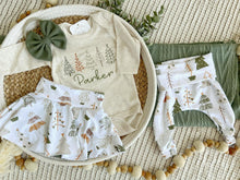 Load image into Gallery viewer, Personalized  Baby Girl Outfit | Oatmeal Bodysuit Evergreen Trees Skirt Baby Name

