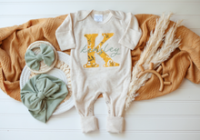 Load image into Gallery viewer, Personalized Baby Girl Outfit | Oatmeal Romper Mustard Yellow Sage Green Big Letter Baby Name - Emersyn
