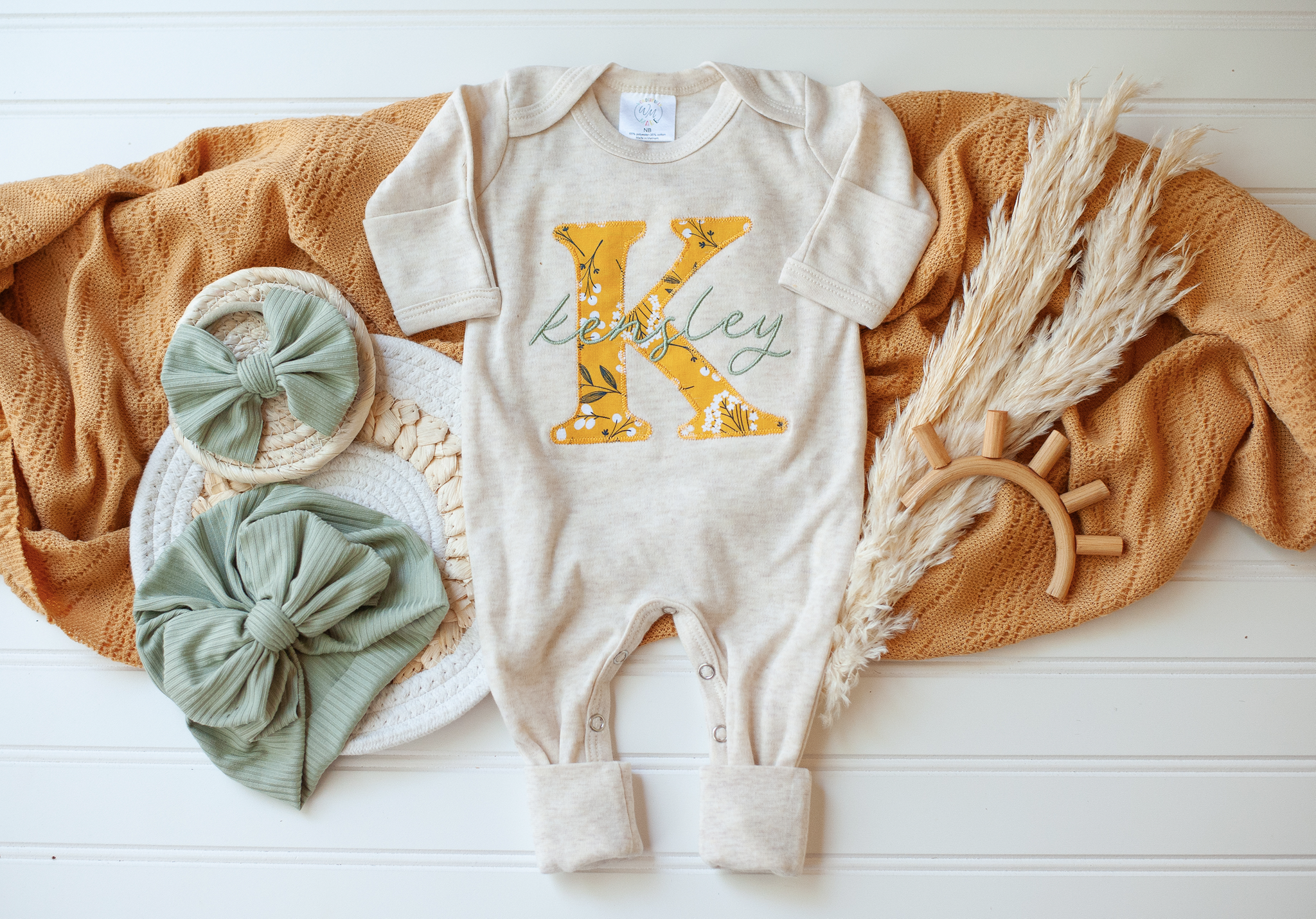 Personalized Baby Girl Outfit Oatmeal Romper Mustard Yellow Sage Gre
