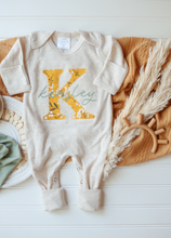 Load image into Gallery viewer, Personalized Baby Girl Outfit | Oatmeal Romper Mustard Yellow Sage Green Big Letter Baby Name - Emersyn

