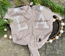 Load image into Gallery viewer, Personalized Twin Outfit | Mocha Brown Romper Beige Stripe Beige Brown Baby Name

