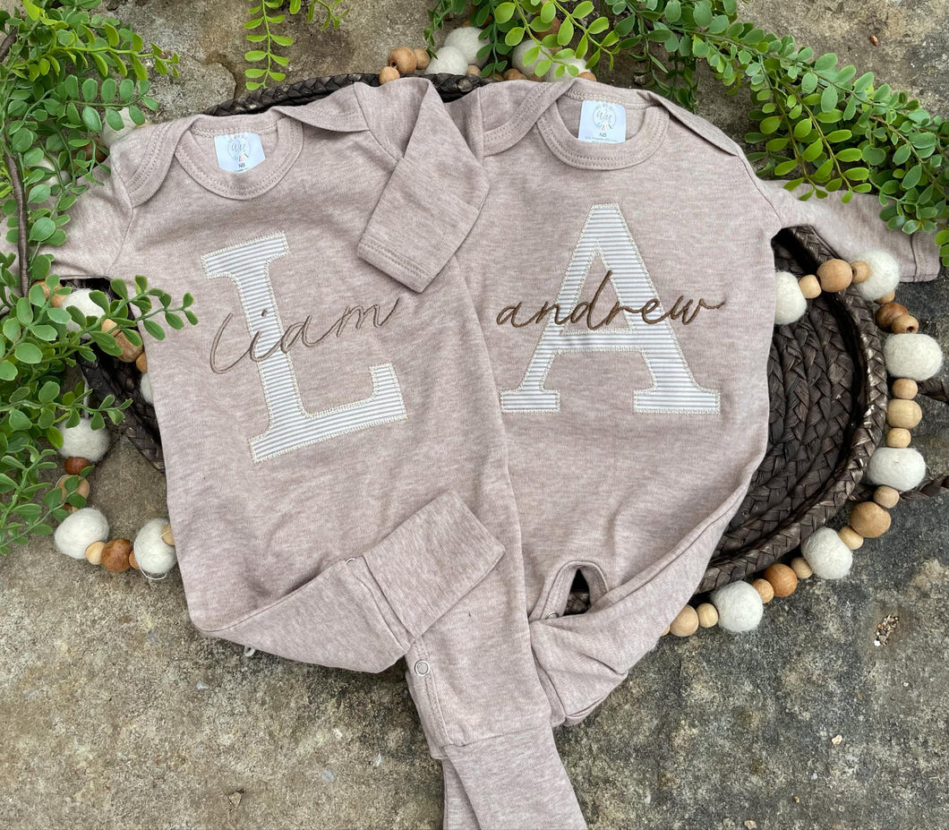 Personalized Twin Outfit | Mocha Brown Romper Beige Stripe Beige Brown Baby Name