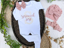 Load image into Gallery viewer, Personalized Baby Girl Outfit | White Romper Ivory Lace Letter Pink Baby Name
