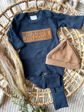 Load image into Gallery viewer, Personalized Baby Boy Outfit | Navy Romper - Leather Patch Style Baby Name
