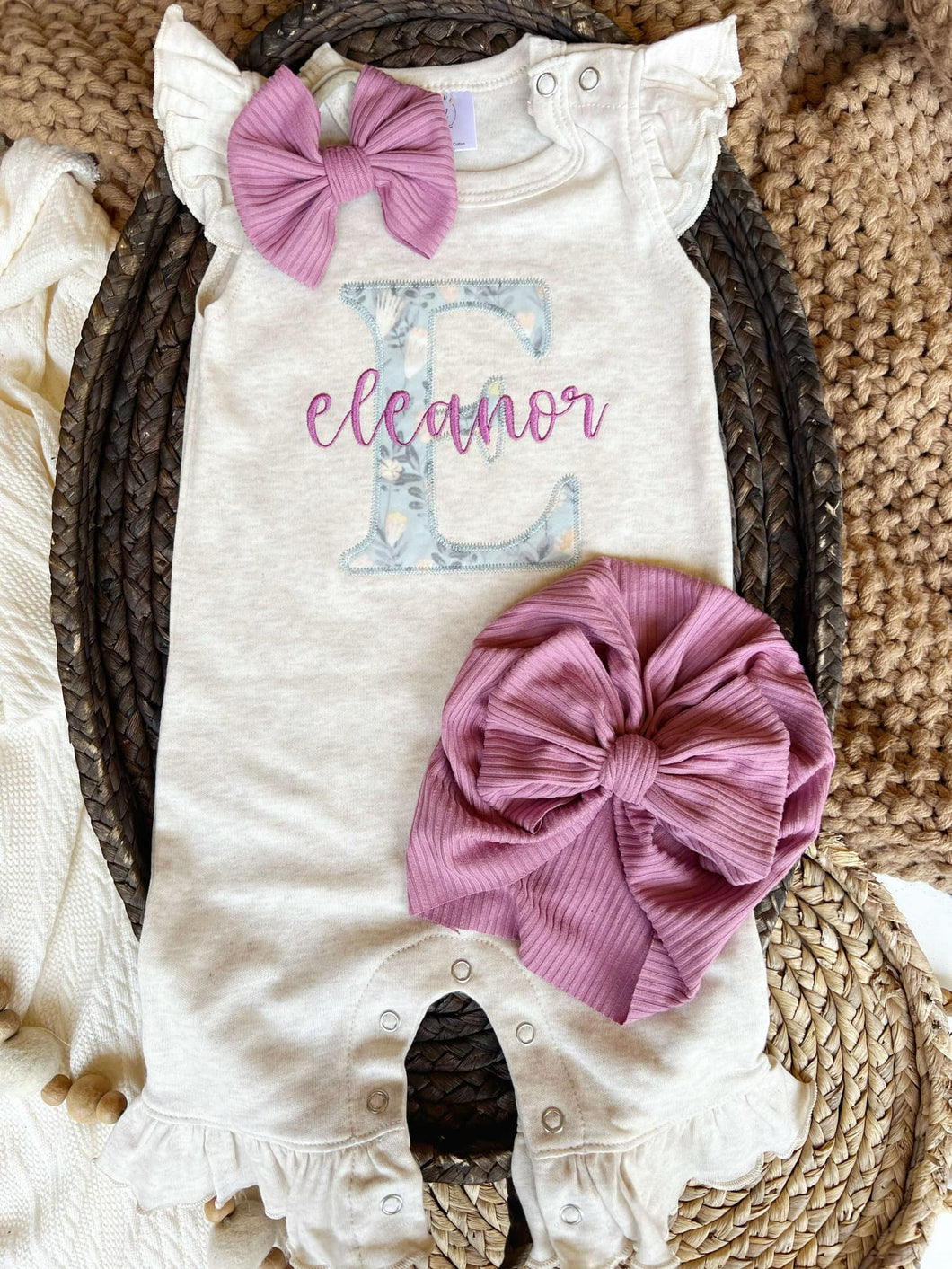 Personalized Baby Girl Outfit | Oatmeal Flutter Sleeve Ruffle Romper Floral Blue Baby Name- Eleanor