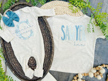 Load image into Gallery viewer, Personalized Baby Girl Outfit | Oatmeal Romper Soft Blue Floral Baby Name
